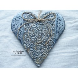 Coeur Hansi bleu gris métal, en poterie, à suspendre