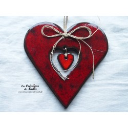 Coeur en faïence rouge pomme d'amour, céramique d'Alsace à suspendre