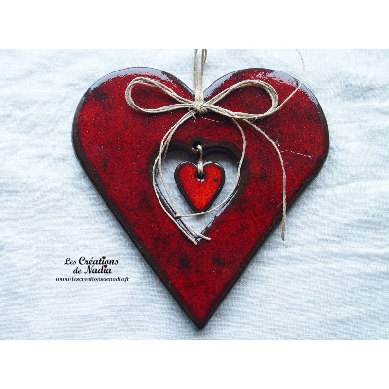 Coeur en faïence rouge pomme d'amour, céramique d'Alsace à suspendre