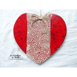 Coeur en céramique Joséphine, couleur rot und wiss, impression roses anciennes