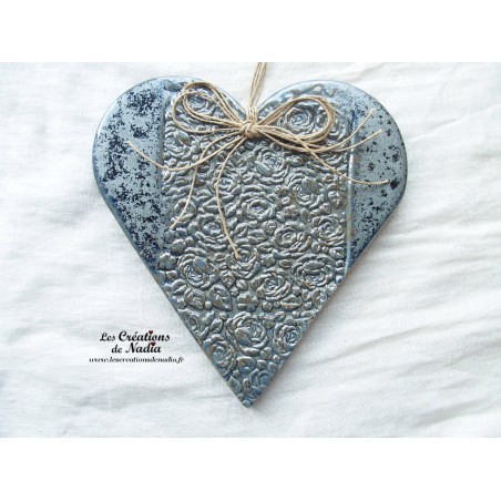 Coeur Hansi couleur bleu gris métal en céramique, impression roses anciennes,  à suspendre