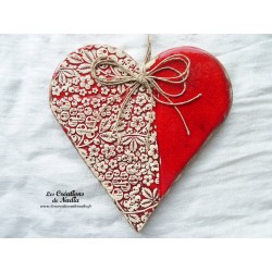 Coeur Hansi en céramique, couleur rot und wiss, impression "Le sorbier des oiseleurs, à suspendre