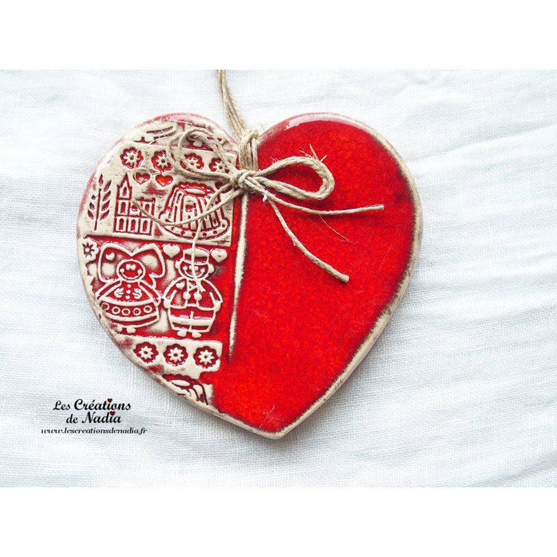 Coeur en faïence couleur rot und wiss, impression Alsace, à suspendre