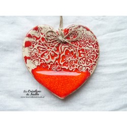 Coeur Liesel bicolore orange foncé en poterie, à accrocher, impression fleurs de capucines