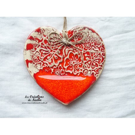 Coeur Liesel bicolore orange foncé en poterie, à accrocher, impression fleurs de capucines