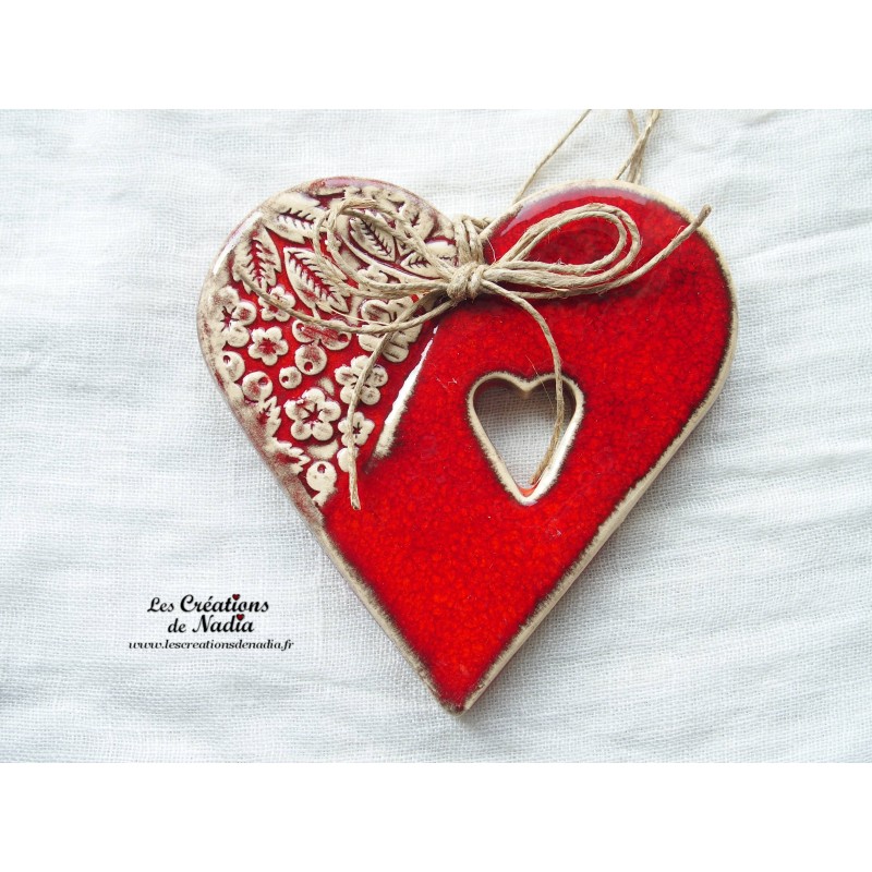 Coeur en faïence rouge, à suspendre, impression "Le sorbier des oiseleurs"
