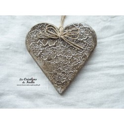 Coeur Liesel marron givré, en céramique, impression fleurs de capucines, à suspendre
