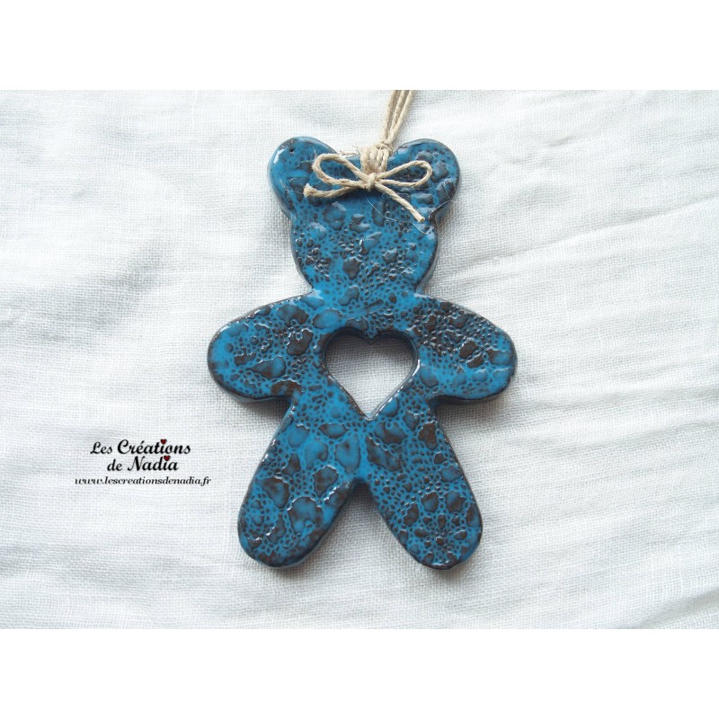 Ourson en céramique de couleur bleu canard