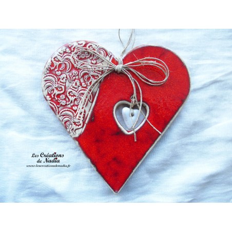 Coeur Hansi, couleur rot und wiss, impression coq, en céramique à suspendre