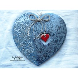 Coeur en céramique Joséphine, couleur bleu gris métal, impression damassé
