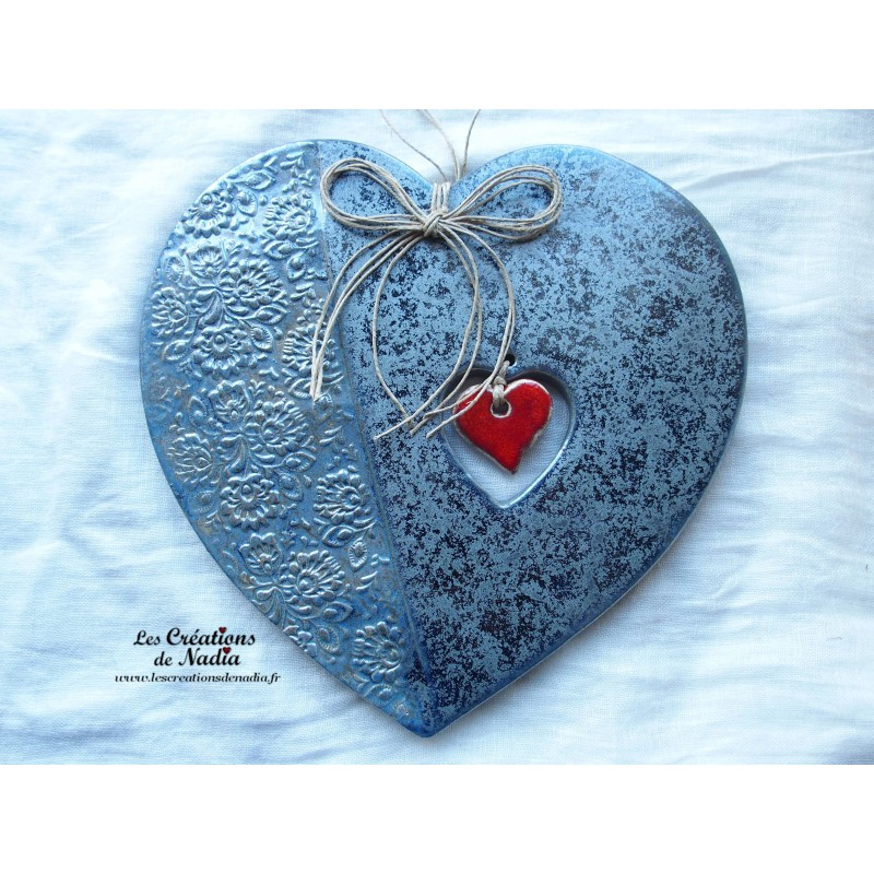 Coeur en céramique Joséphine, couleur bleu gris métal, impression damassé