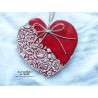 Coeur Augustine rot und wiss, impression roses anciennes,  en poterie, à suspendre