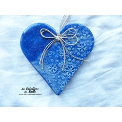 Coeur Liesel en céramique, à suspendre, couleur bleu outremer, impression flocons