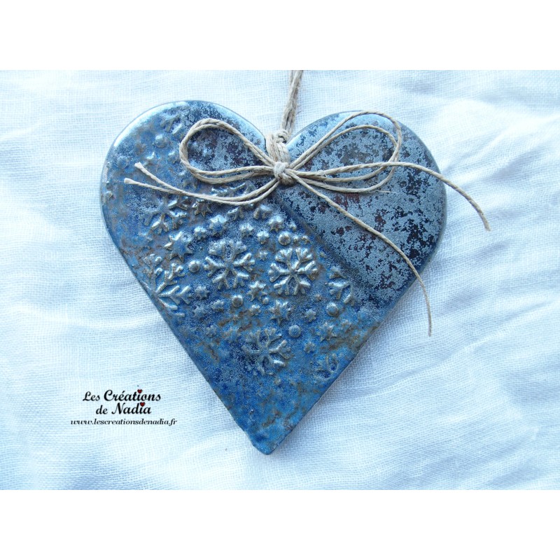 Coeur Liesel bleu gris métal en céramique, impression flocons, à accrocher