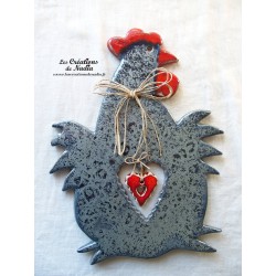 Grand coq en céramique, couleur bleu gris métal, à suspendre